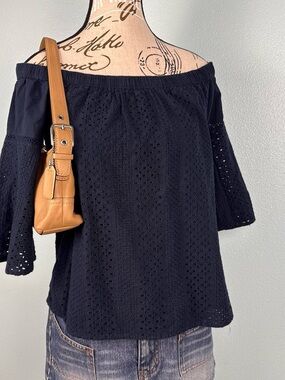 Abercrombie and Fitch Navy Blue Off the Shoulder Eyelet Knit 100% Cotton Top